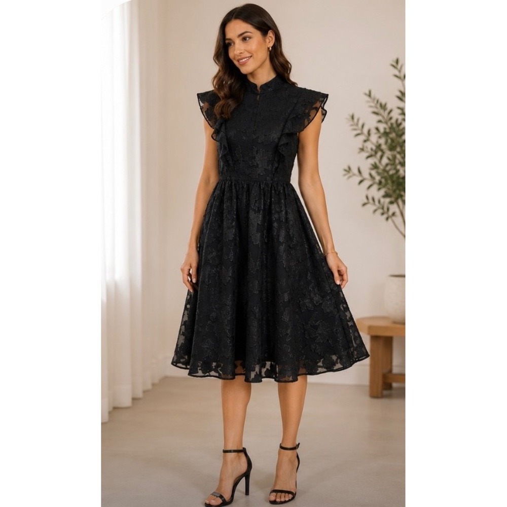 H&M Black Jacquard Ruffle Mock Neck Sleeveless Dress Metallic Floral Flare XS